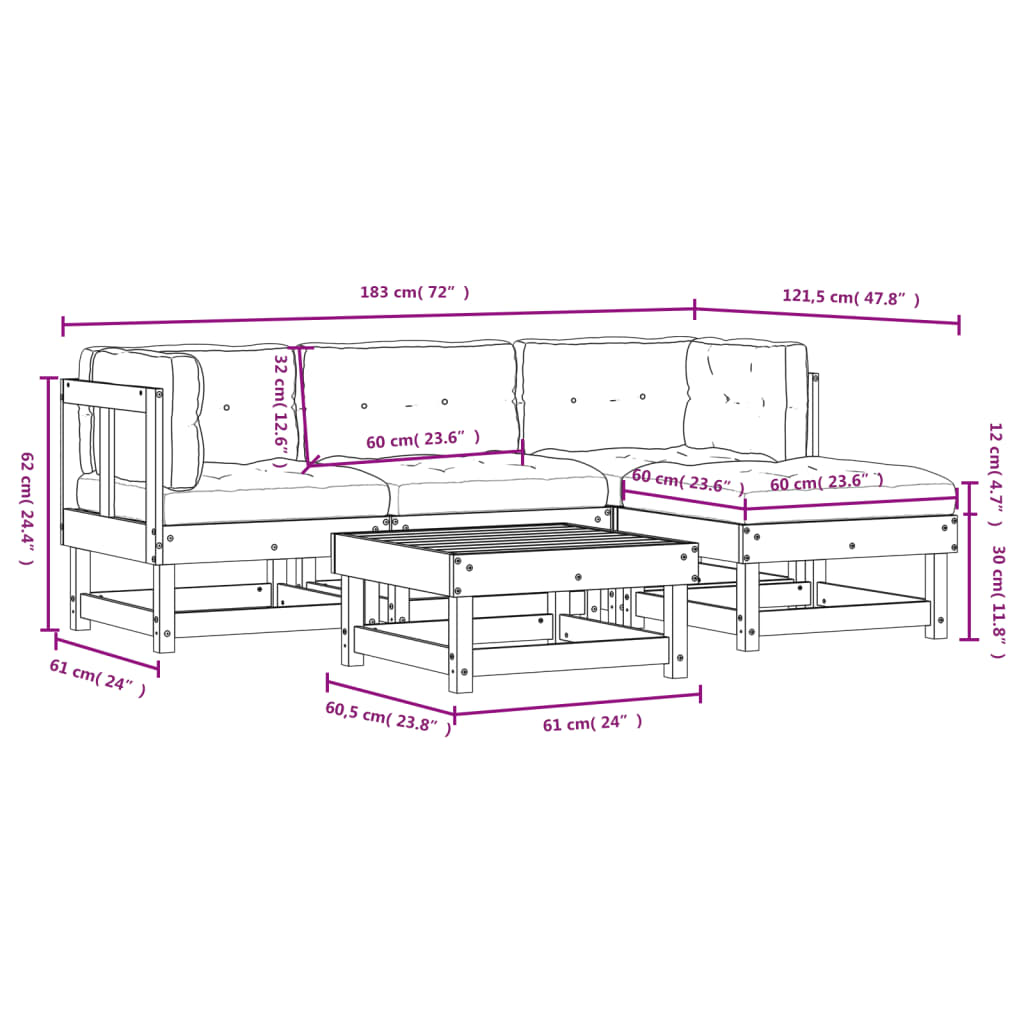 vidaXL 5-tlg. Garten-Lounge-Set mit Kissen Massivholz