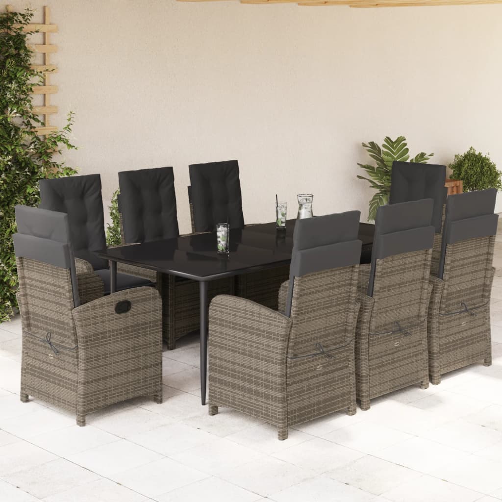 vidaXL 9-tlg. Garten-Essgruppe mit Kissen Grau Poly Rattan