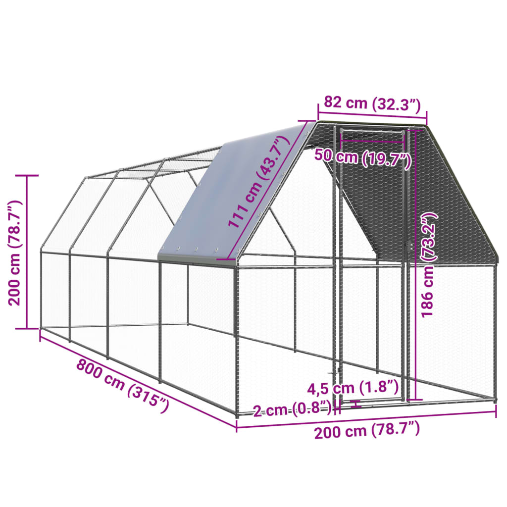 vidaXL Hühnerkäfig 2x8x2 m Verzinkter Stahl