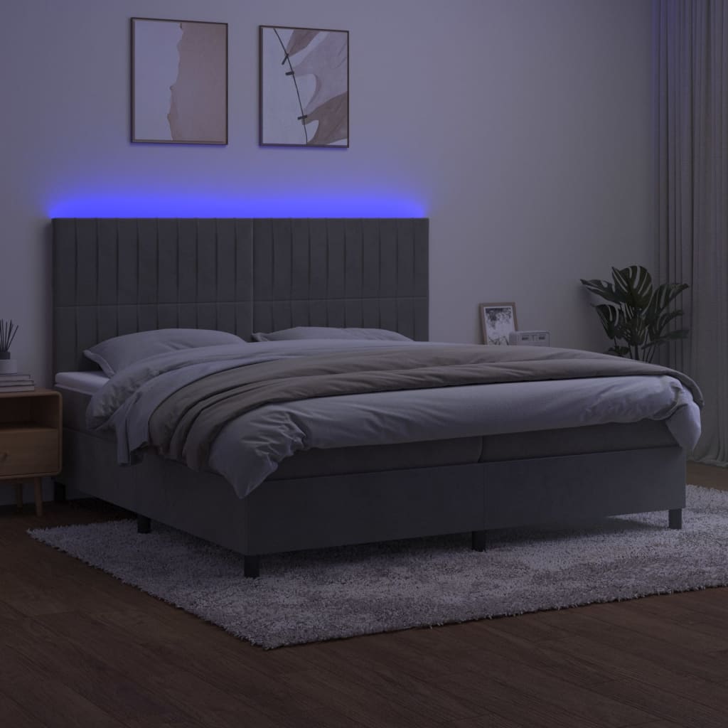 vidaXL Boxspringbett mit Matratze & LED Hellgrau 200x200 cm Samt