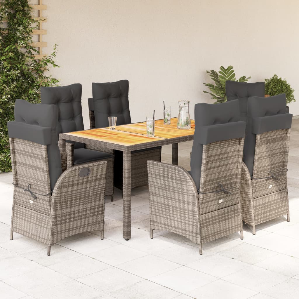 vidaXL 7-tlg. Garten-Essgruppe mit Kissen Grau Poly Rattan