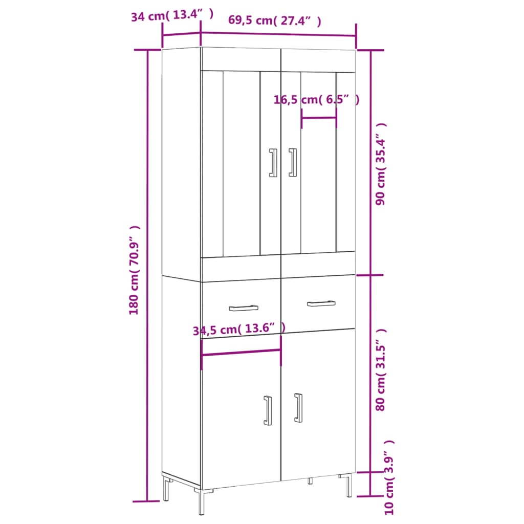 vidaXL Highboard Hochglanz-Weiß 69,5x34x180 cm Holzwerkstoff