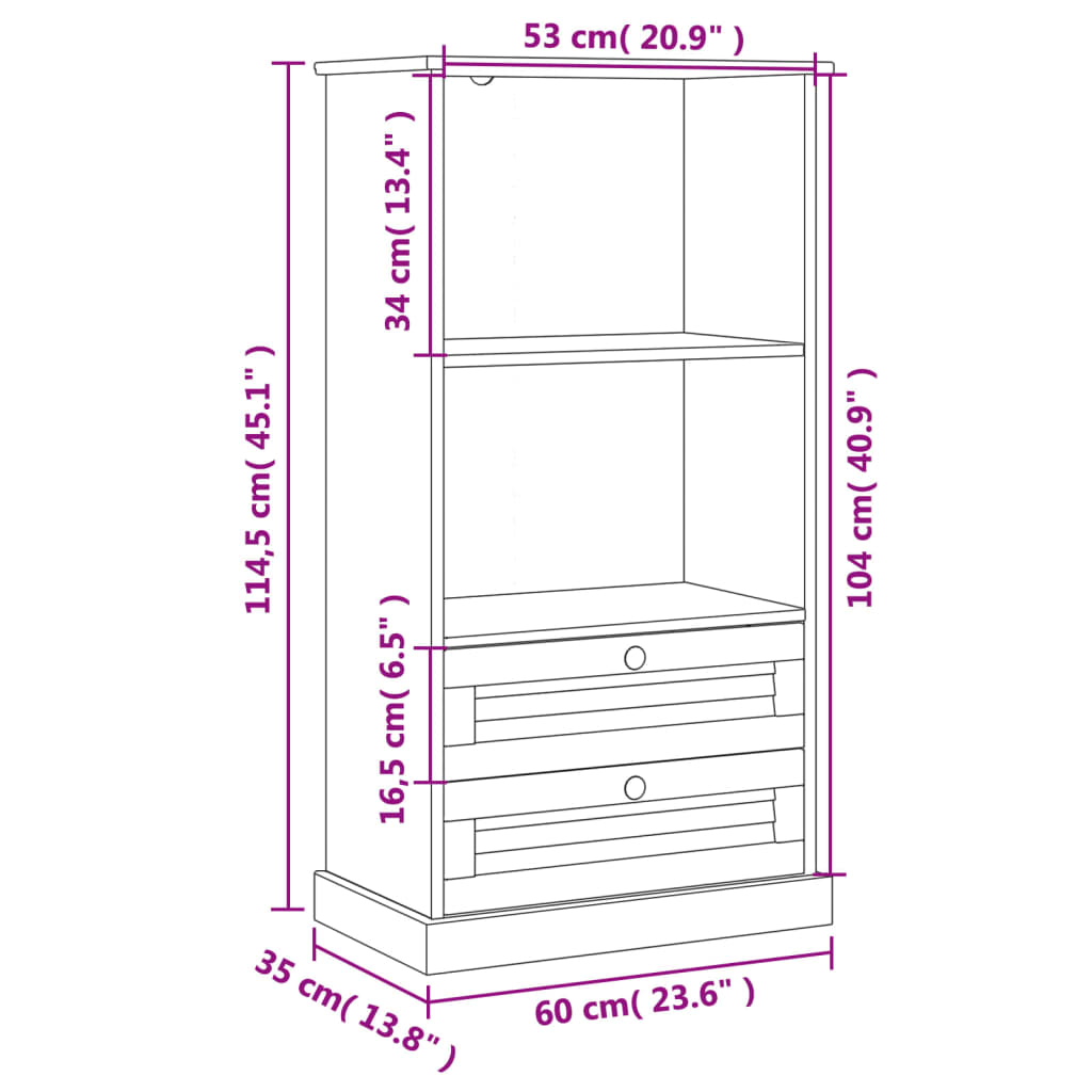 vidaXL Bücherregal VIGO 60x35x114,5 cm Massivholz Kiefer