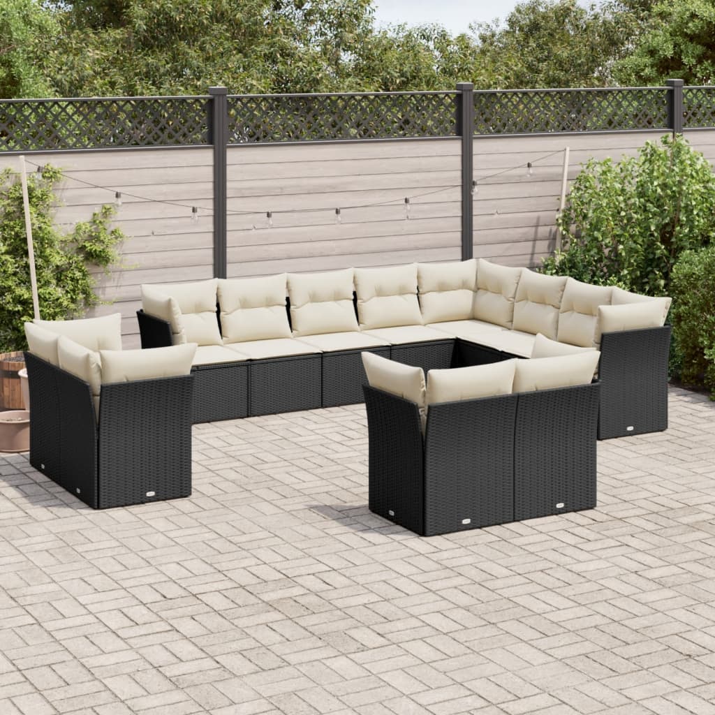 vidaXL 12-tlg. Garten-Sofagarnitur mit Kissen Schwarz Poly Rattan