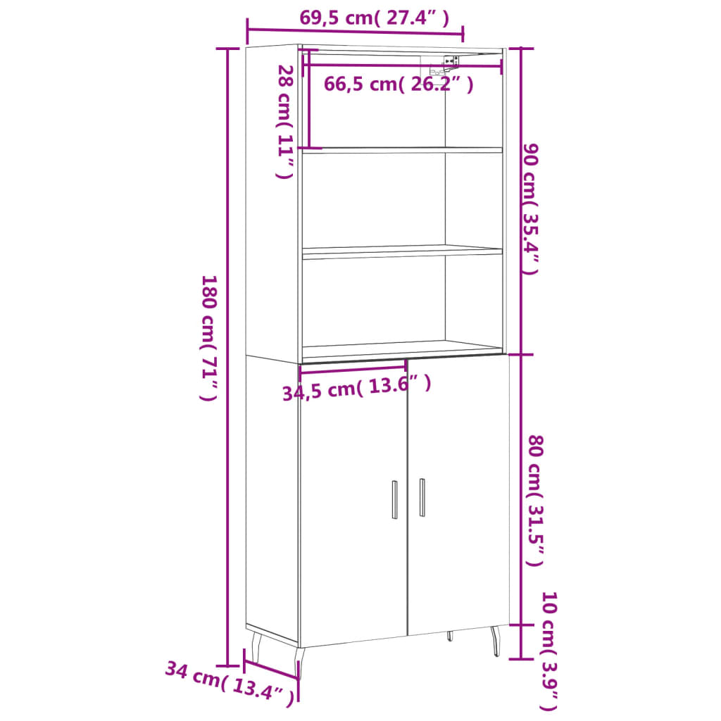 vidaXL Highboard Räuchereiche 69,5x34x180 cm Holzwerkstoff