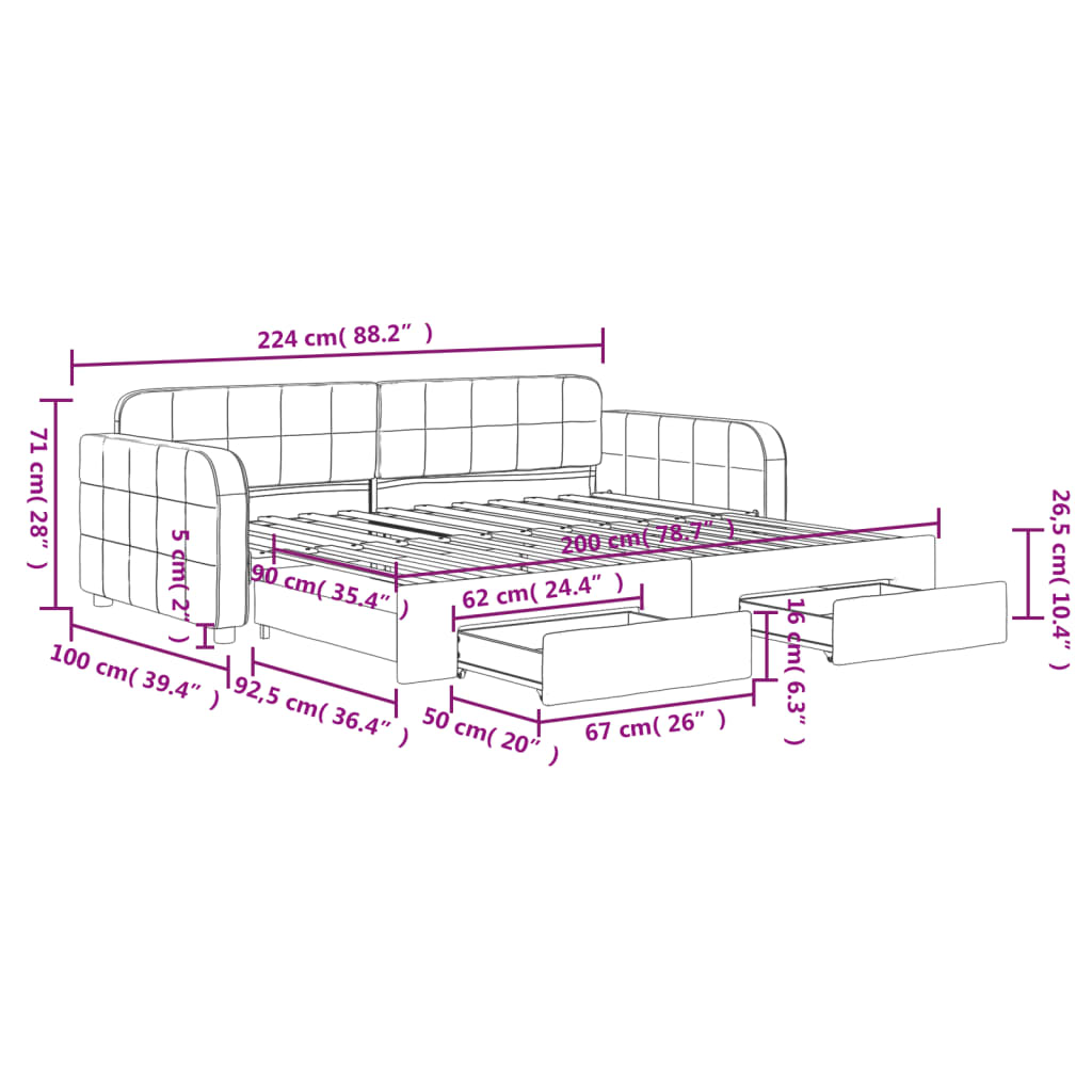 vidaXL Tagesbett Ausziehbar mit Schubladen Dunkelgrau 90x200 cm Samt