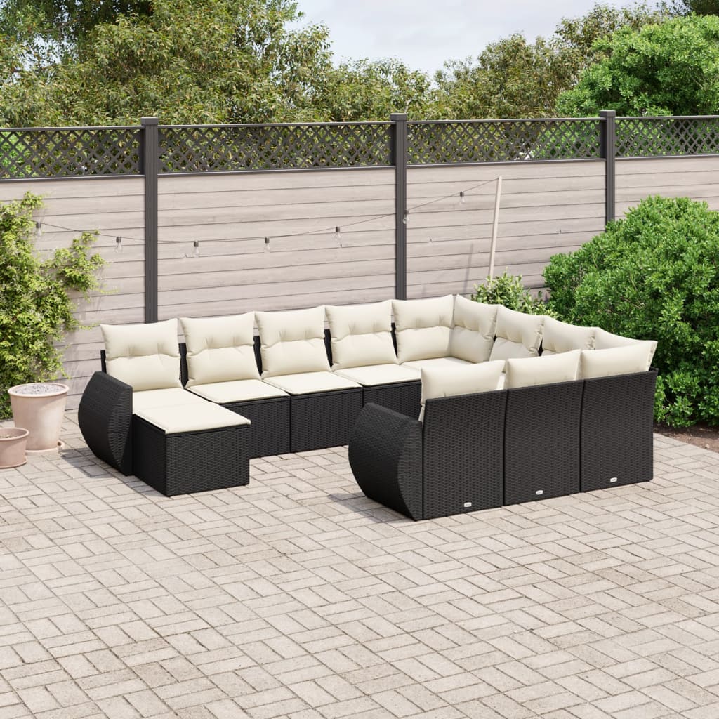 vidaXL 11-tlg. Garten-Sofagarnitur mit Kissen Schwarz Poly Rattan