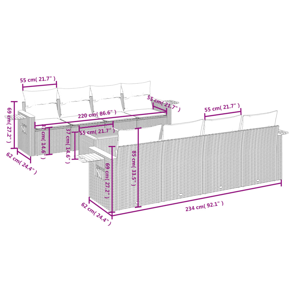 vidaXL 9-tlg. Garten-Sofagarnitur mit Kissen Schwarz Poly Rattan