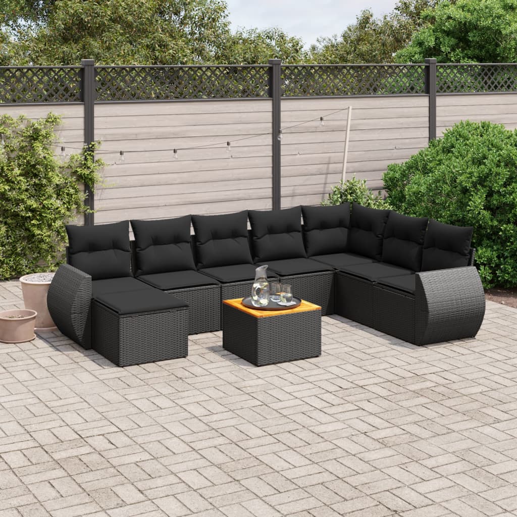 vidaXL 9-tlg. Garten-Sofagarnitur mit Kissen Schwarz Poly Rattan