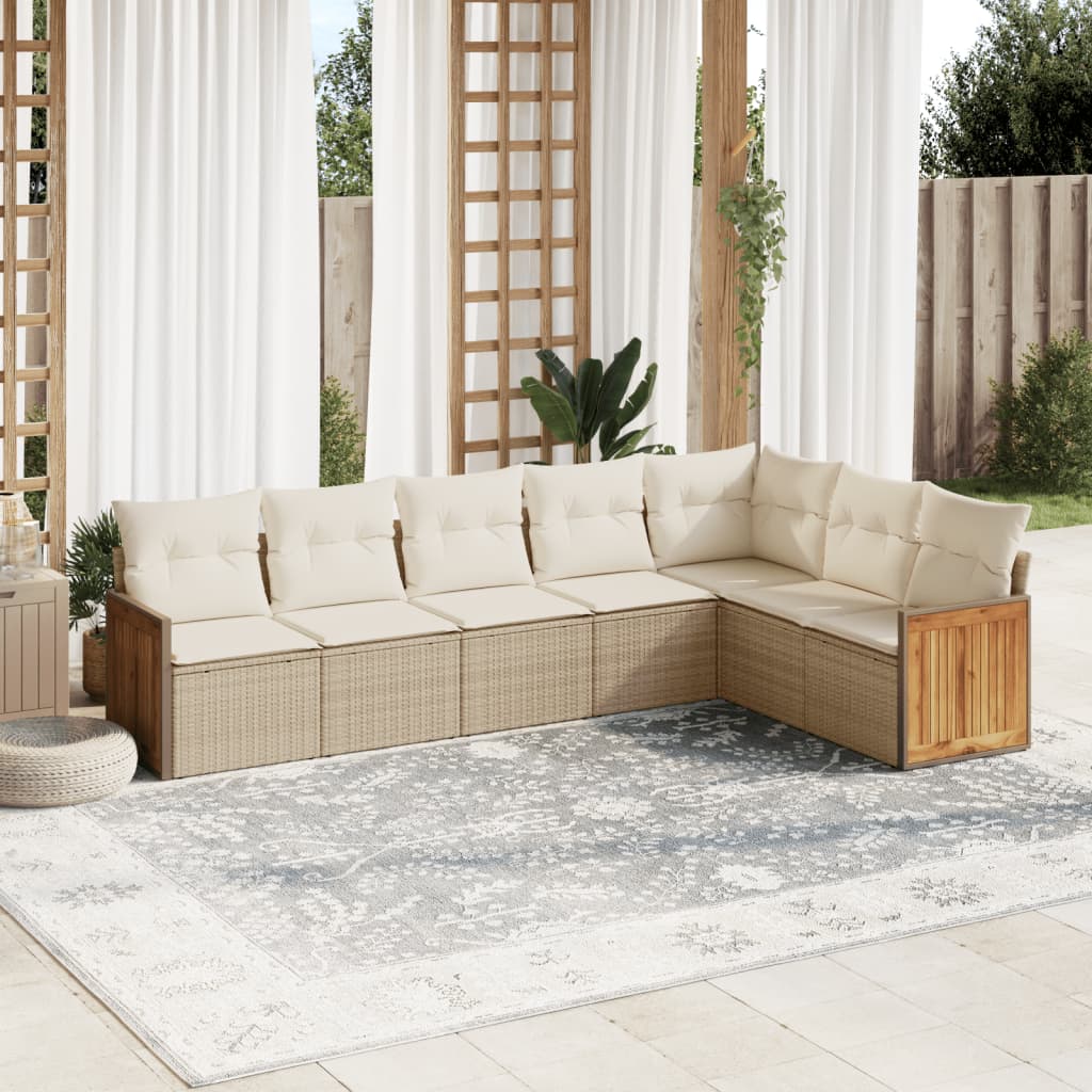 vidaXL 7-tlg. Garten-Sofagarnitur mit Kissen Beige Poly Rattan