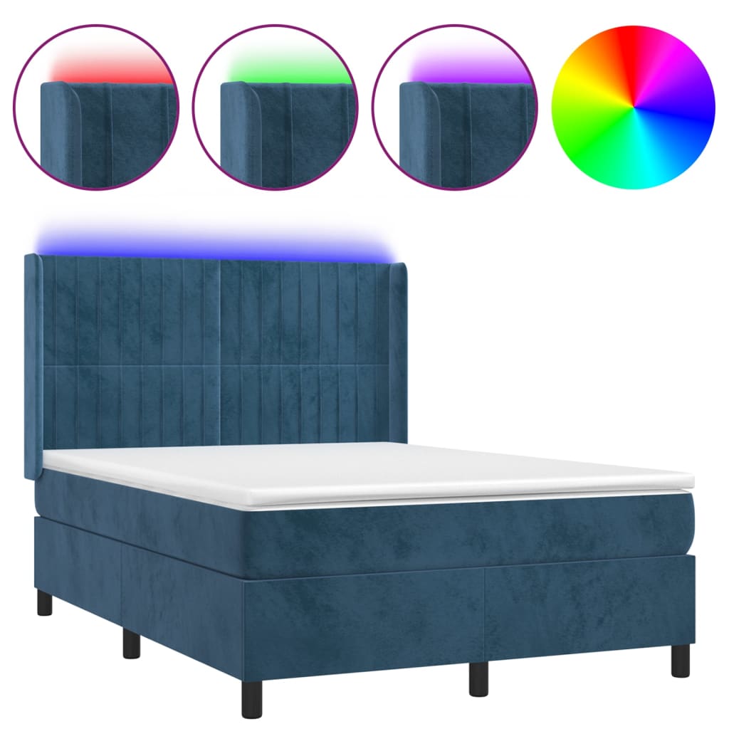 vidaXL Boxspringbett mit Matratze & LED Dunkelblau 140x200 cm Samt