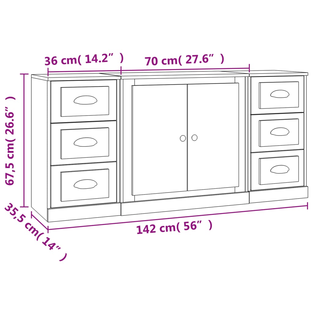 vidaXL Sideboards 3 Stk. Schwarz Holzwerkstoff