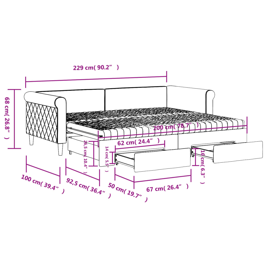 vidaXL Tagesbett Ausziehbar mit Schubladen Dunkelgrau 90x200 cm Samt