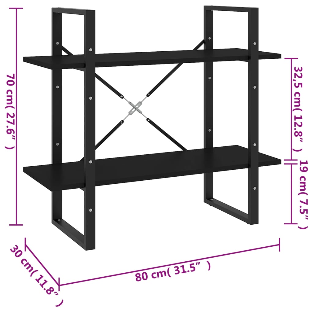 vidaXL Bücherregal 2 Fächer Schwarz 80x30x70 cm Holzwerkstoff