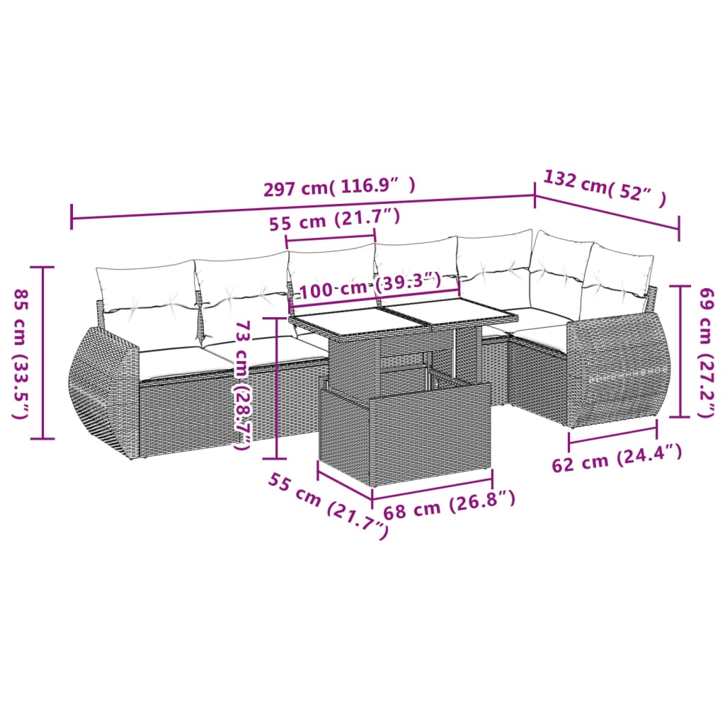 vidaXL 7-tlg. Garten-Sofagarnitur mit Kissen Grau Poly Rattan