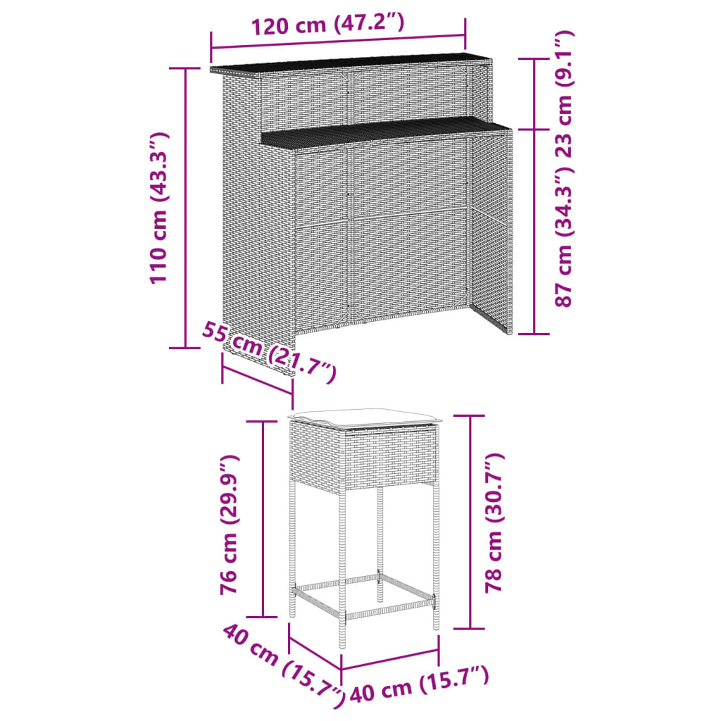 vidaXL 5-tlg. Gartenbar-Set mit Kissen Grau Poly Rattan