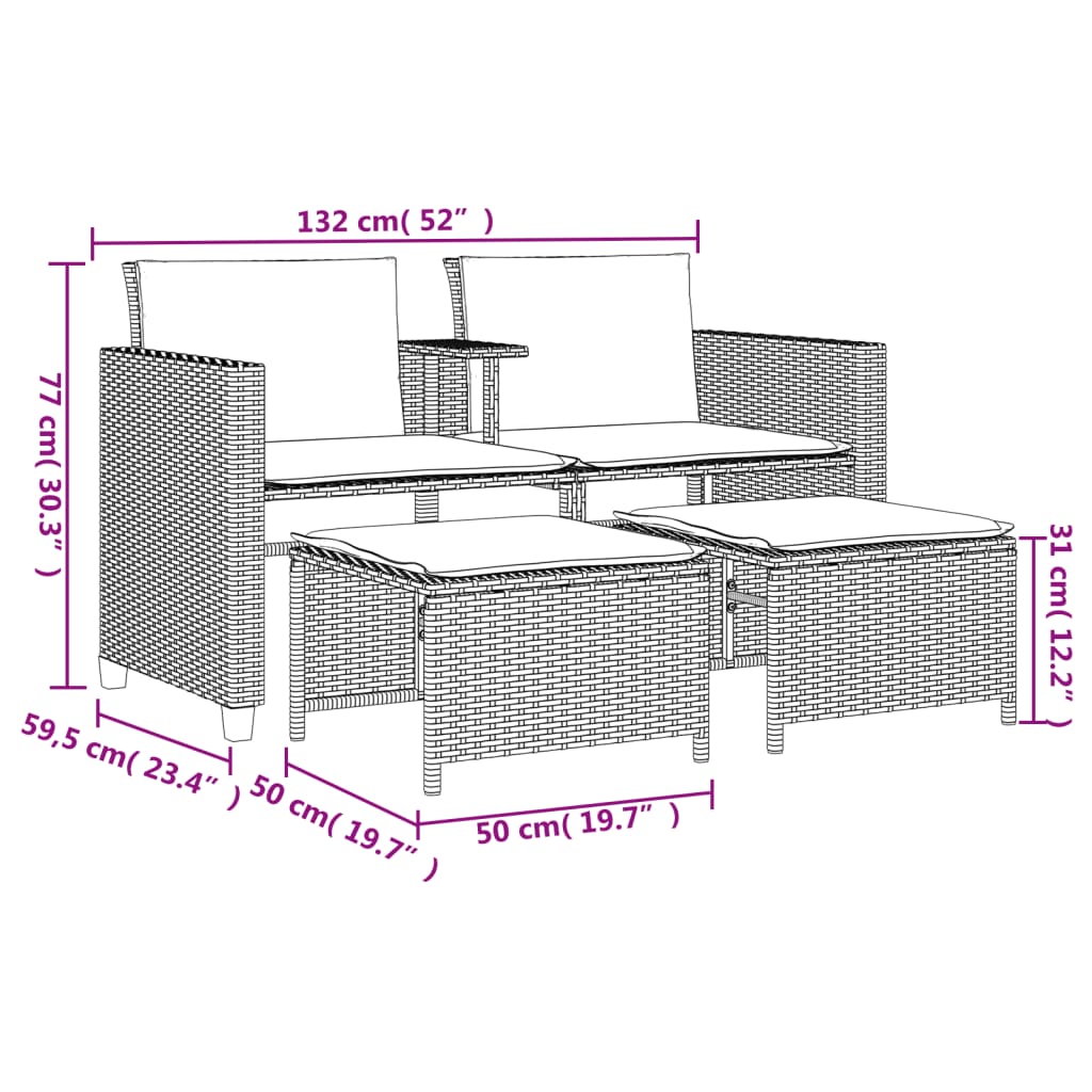 vidaXL Gartensofa 2-Sitzer mit Tisch und Hockern Grau Poly Rattan