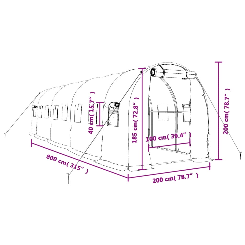 vidaXL Gewächshaus mit Stahlrahmen Grün 16 m² 8x2x2 m