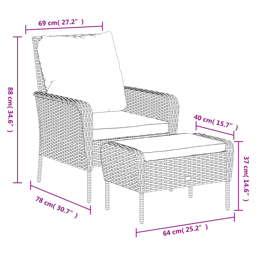 vidaXL Gartenstuhl mit Fußhocker Schwarz Poly Rattan