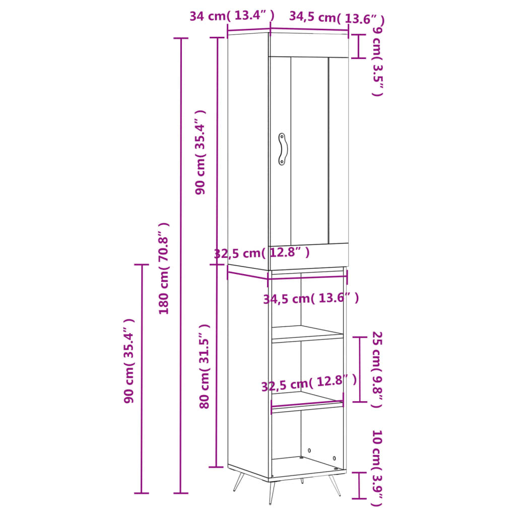 vidaXL Highboard Schwarz 34,5x34x180 cm Holzwerkstoff