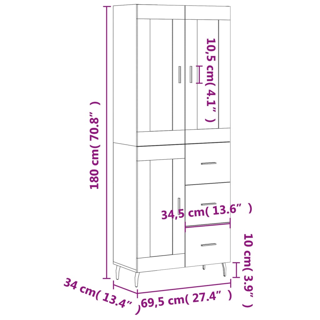 vidaXL Highboard Weiß 69,5x34x180 cm Holzwerkstoff