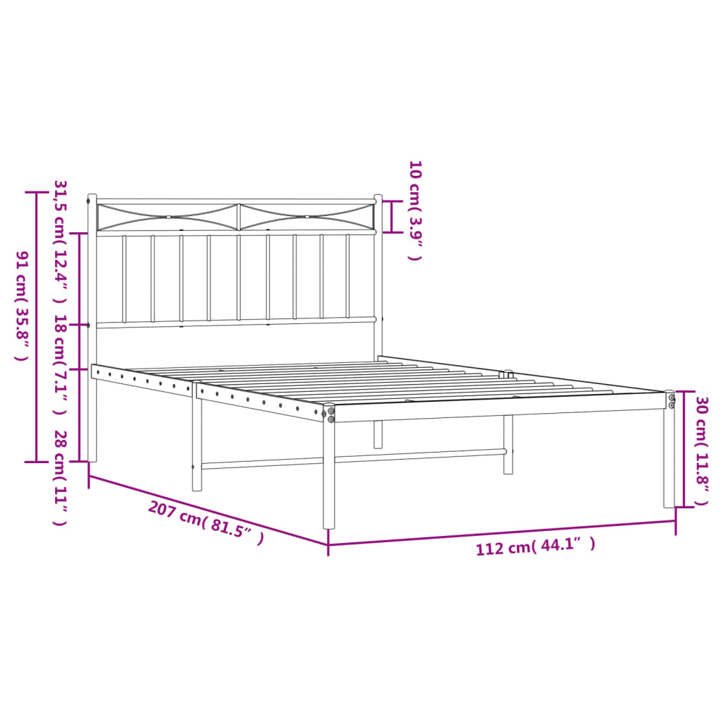 vidaXL Bettgestell mit Kopfteil Metall Weiß 107x203 cm