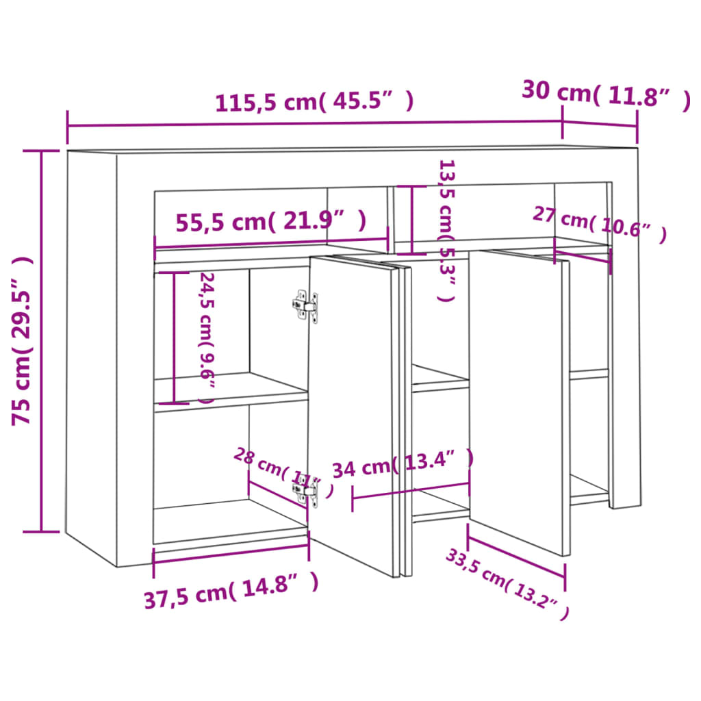 vidaXL Sideboard mit LED-Leuchten Weiß 115,5x30x75 cm