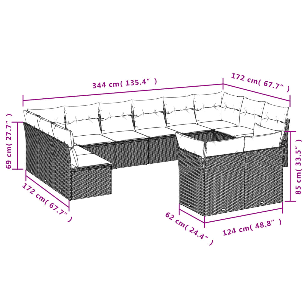 vidaXL 12-tlg. Garten-Sofagarnitur mit Kissen Schwarz Poly Rattan