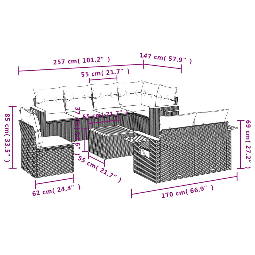 vidaXL 9-tlg. Garten-Sofagarnitur mit Kissen Grau Poly Rattan