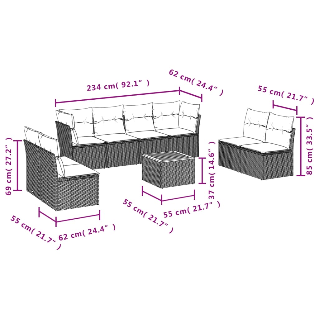 vidaXL 9-tlg. Garten-Sofagarnitur mit Kissen Beige Poly Rattan