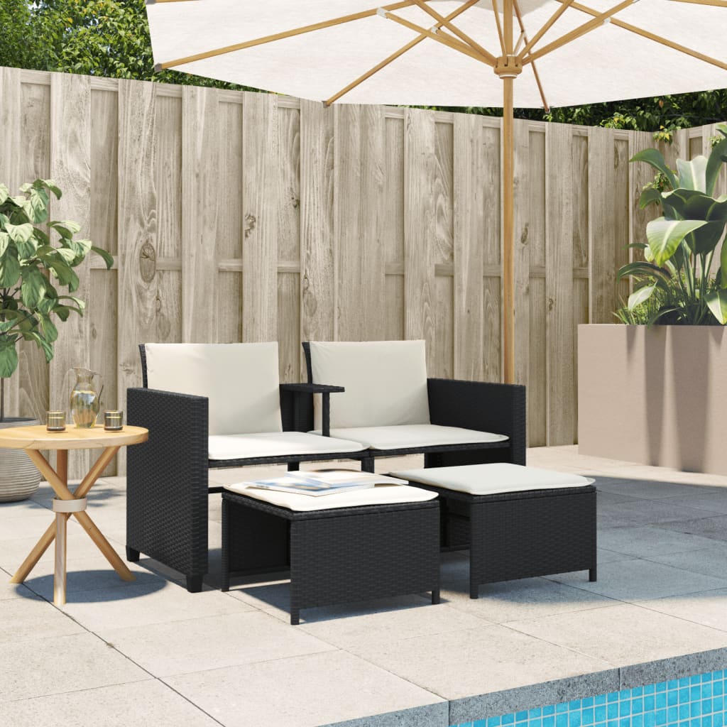 vidaXL Gartensofa 2-Sitzer mit Tisch und Hockern Schwarz Poly Rattan