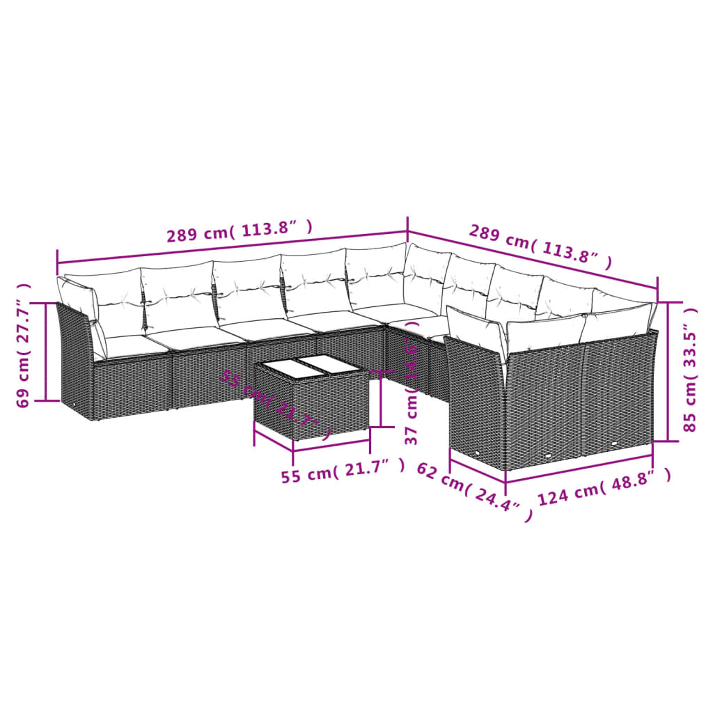 vidaXL 11-tlg. Garten-Sofagarnitur mit Kissen Grau Poly Rattan