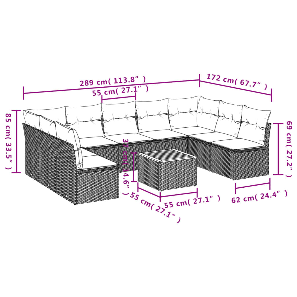 vidaXL 10-tlg. Garten-Sofagarnitur mit Kissen Beige Poly Rattan