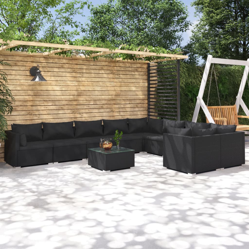 vidaXL 10-tlg. Garten-Lounge-Set mit Kissen Poly Rattan Schwarz