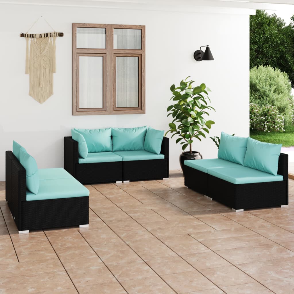 vidaXL 6-tlg. Garten-Lounge-Set mit Kissen Poly Rattan Schwarz