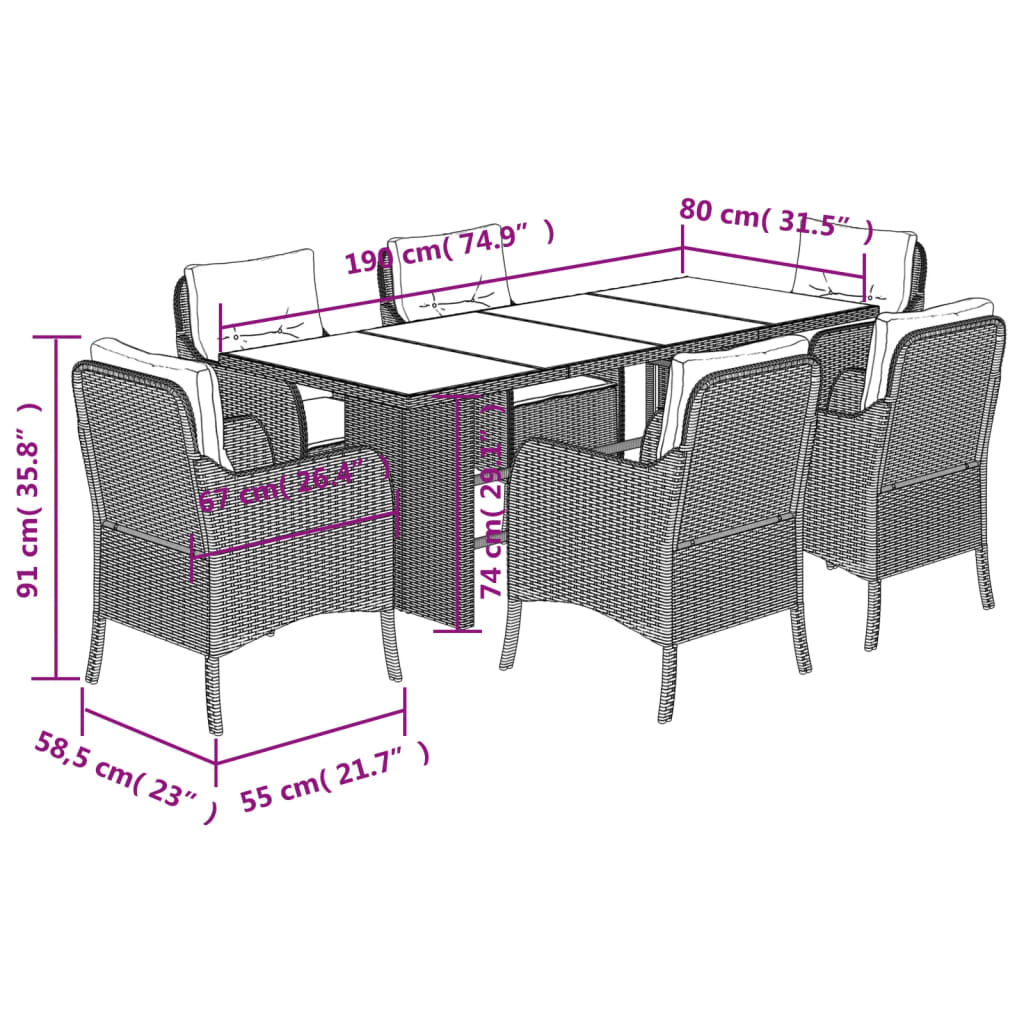 vidaXL 7-tlg. Garten-Essgruppe mit Kissen Braun Poly Rattan