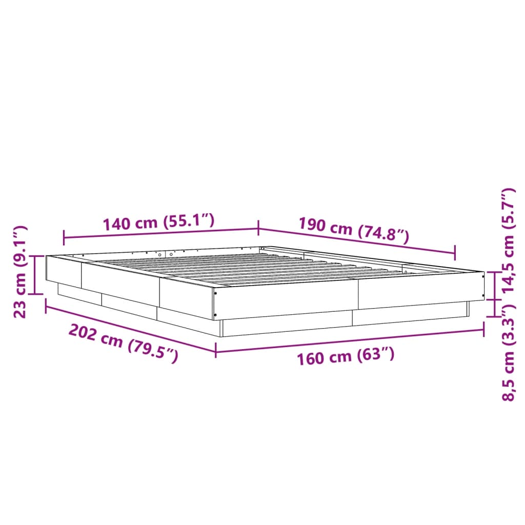 vidaXL Bettgestell Grau Sonoma 140x190 cm Holzwerkstoff