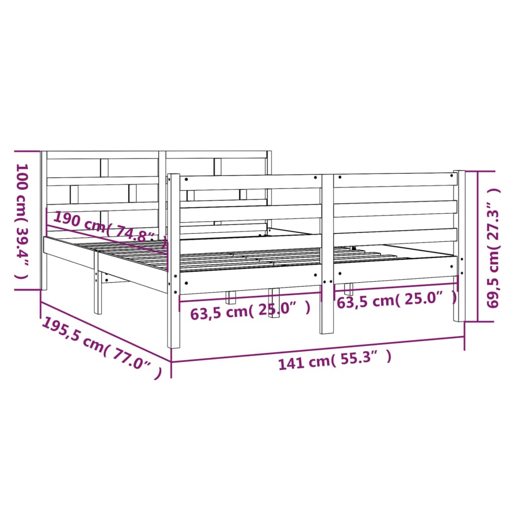 vidaXL Massivholzbett Weiß 135x190 cm