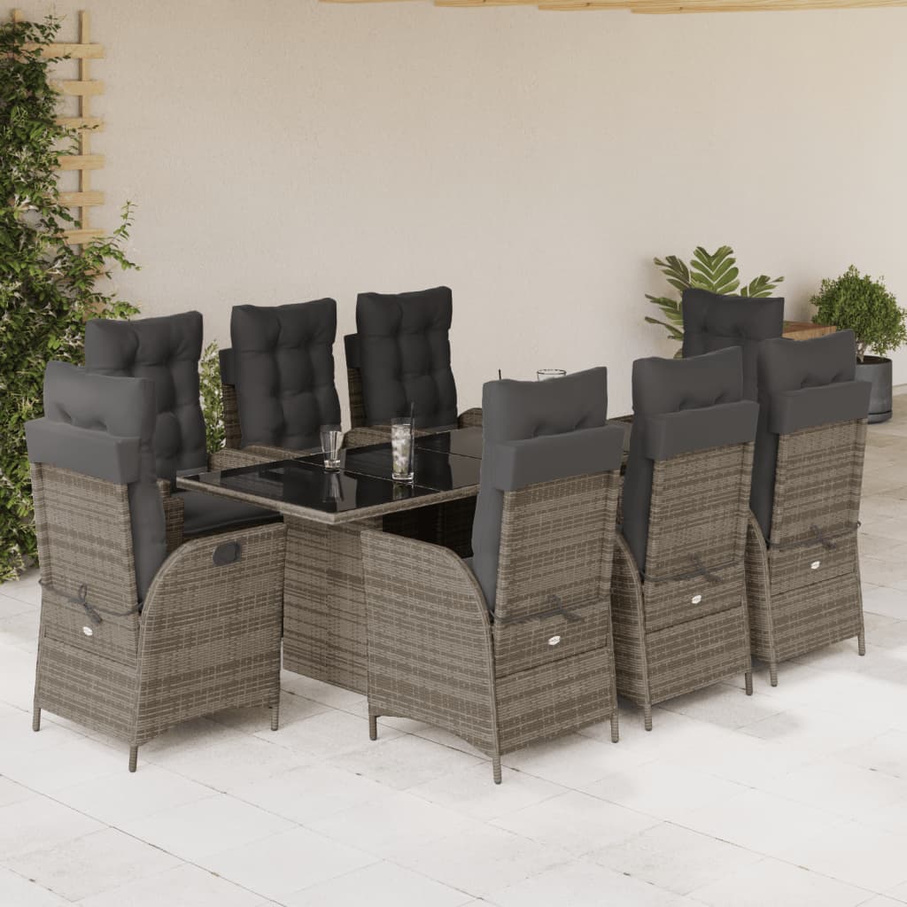 vidaXL 9-tlg. Garten-Essgruppe mit Kissen Grau Poly Rattan