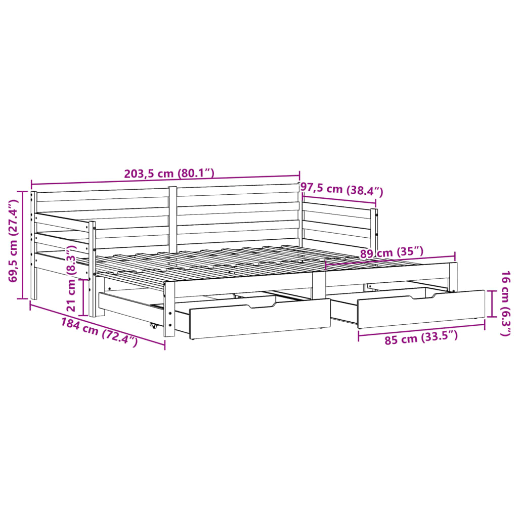 vidaXL Tagesbett Ausziehbar mit Schubladen ohne Matratze Weiß 90x200cm