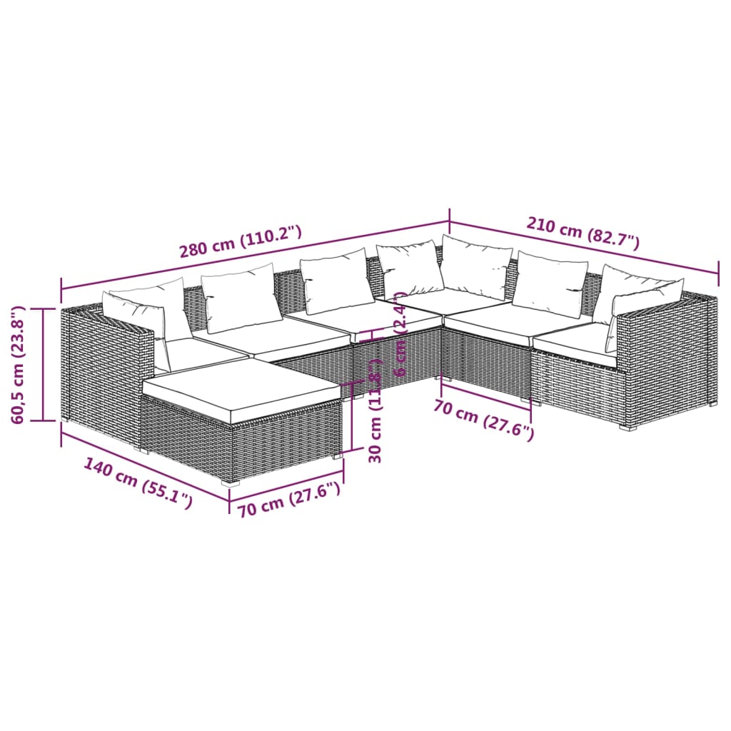 vidaXL 7-tlg. Garten-Lounge-Set mit Kissen Poly Rattan Grau