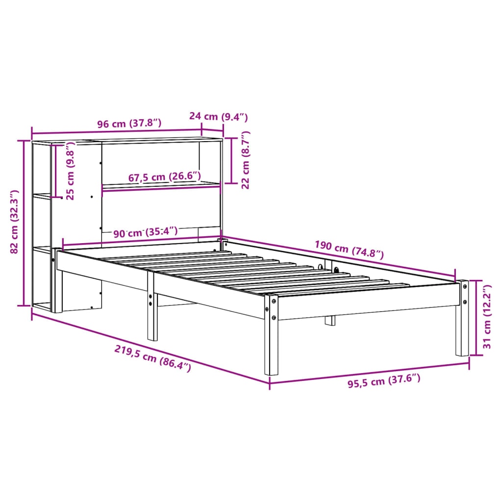 vidaXL Massivholzbett mit Regal ohne Matratze 90x190 cm Kiefer