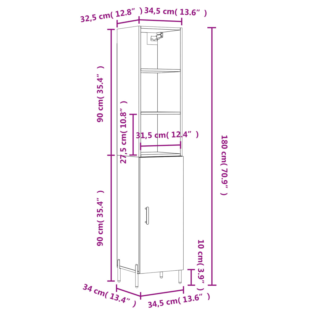 vidaXL Highboard Hochglanz-Weiß 34,5x34x180 cm Holzwerkstoff