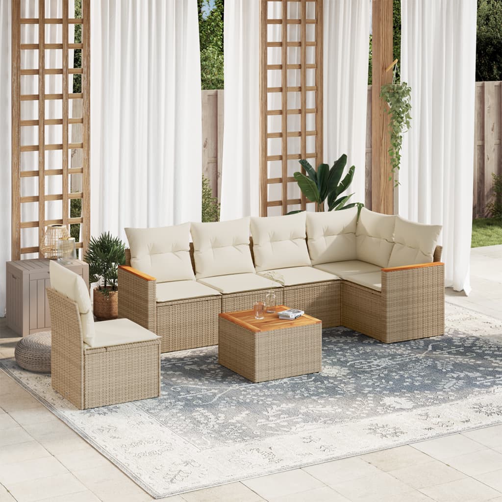 vidaXL 7-tlg. Garten-Sofagarnitur mit Kissen Beige Poly Rattan