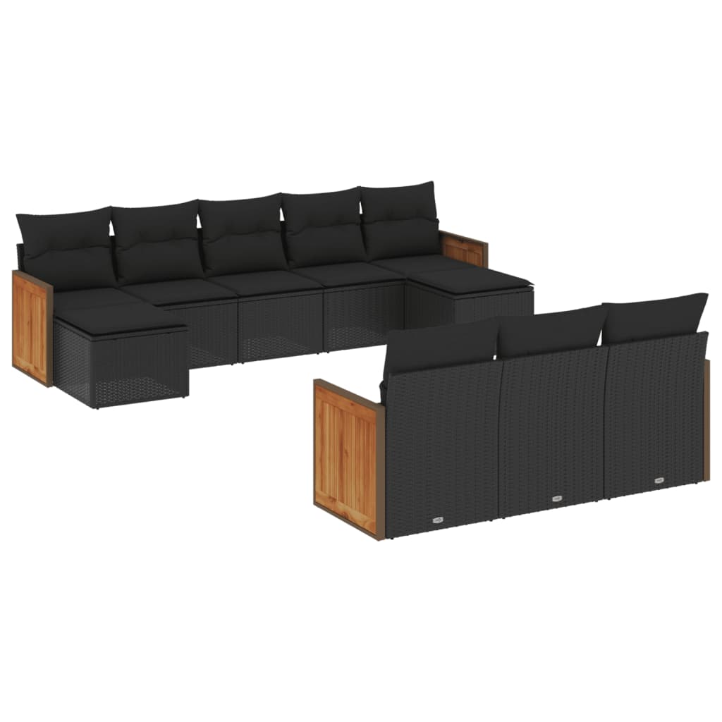 vidaXL 10-tlg. Garten-Sofagarnitur mit Kissen Schwarz Poly Rattan