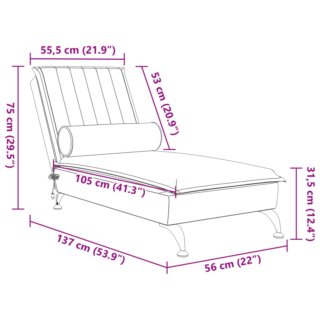 vidaXL Massage-Chaiselongue mit Nackenrolle Creme Samt