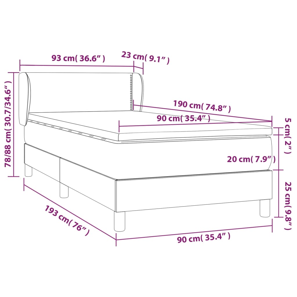 vidaXL Boxspringbett mit Matratze Hellgrau 90x190 cm Samt