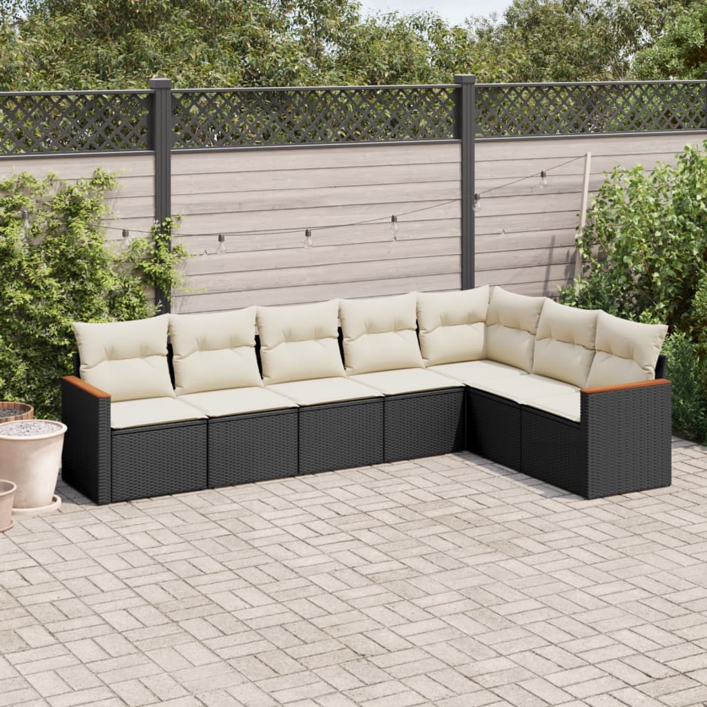 vidaXL 7-tlg. Garten-Sofagarnitur mit Kissen Schwarz Poly Rattan