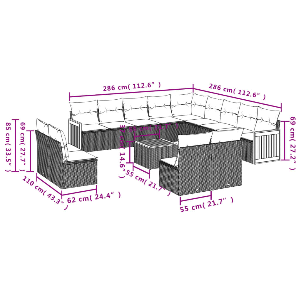 vidaXL 14-tlg. Garten-Sofagarnitur mit Kissen Schwarz Poly Rattan