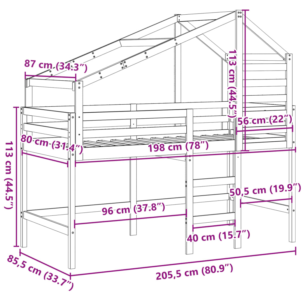 vidaXL Hochbett mit Leiter und Dach 80x200 cm Massivholz Kiefer